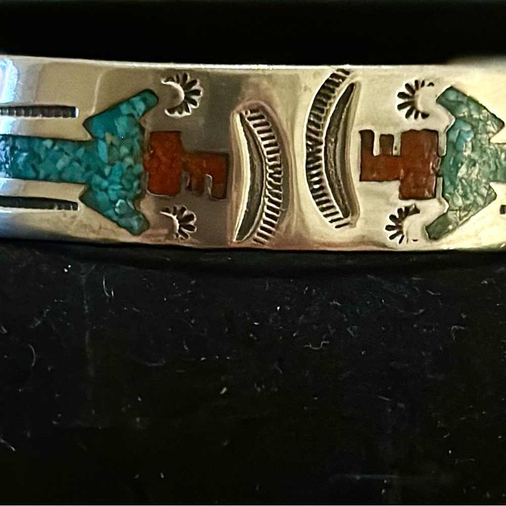 Southwest Silver Cuff Bracelet with GenuineTurquoise and Coral Inlay